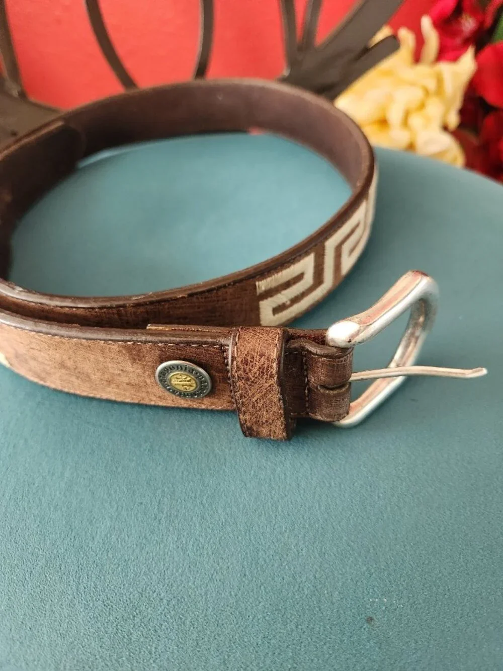 PATAGONIA ~ Men's Leather Belt with Brass Buckle ~ Greek Key Design ~ USA